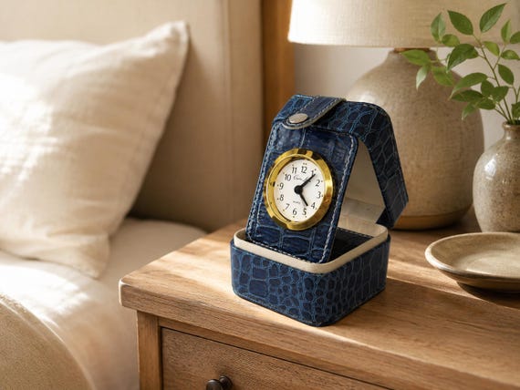 Vintage Charles Leman Clock FOLDING Travel Alarm Clock Blue Croc