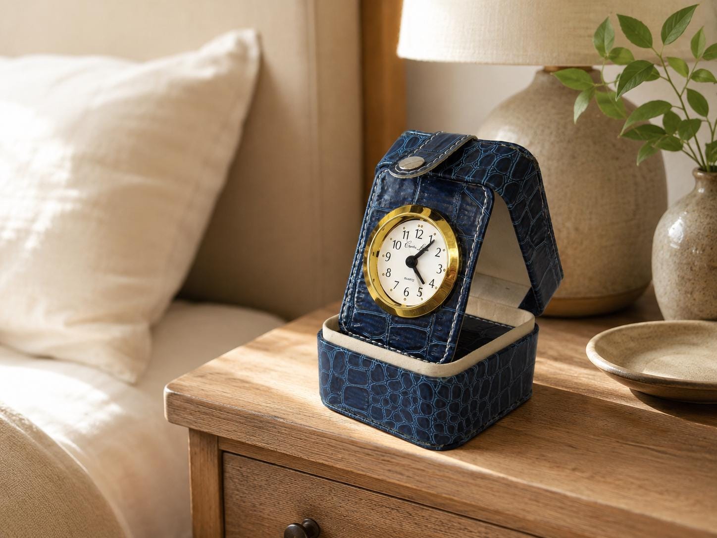 Vintage Charles Leman Clock FOLDING Travel Alarm Clock Blue Croc