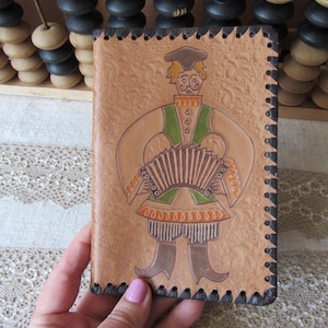 Brown Leather Portmone, Vintage Leather Case, Documents Holder for cards, Pressed Ornamental Pattern with harmonica player