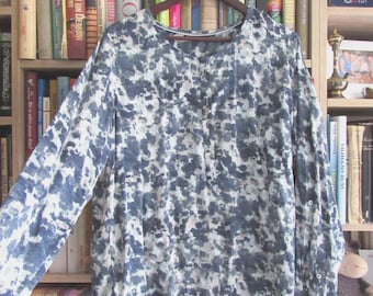Vintage long sleeve cotton blouse, blue grey abstract print blouse
