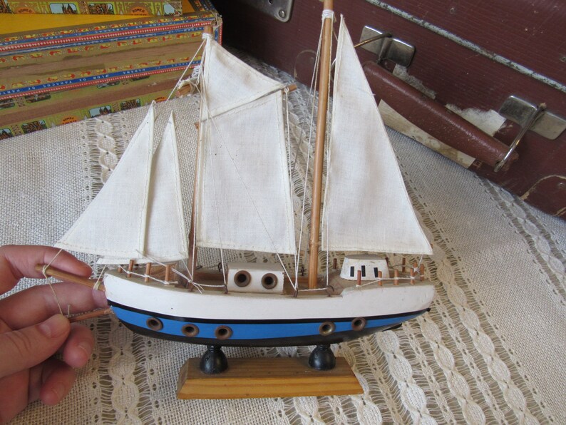 Vintage wooden yacht model home decor blue white wooden sailing boat retro decor wood Wood Boat beach decor three mast yacht gift for sailor