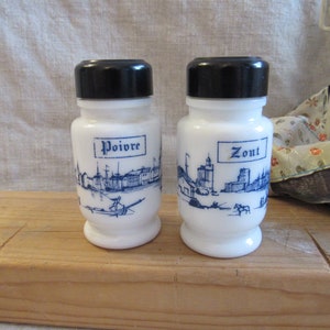 White blue Salt Pepper set, bottle shaped salt pepper set, vintage kitchen decor