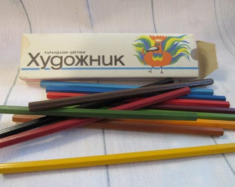 Vintage kleurpotloden, set van 12 kleuren, Sovjet-tijdpotloden, doos met vintage potloden, kleurtekenbenodigdheden, cadeau voor kunstenaar, Sovjet-Unie