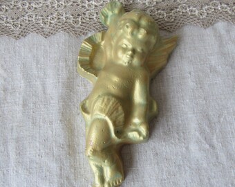 vintage gypsum angel, gold engel statue, wall hanging angel, gold cherub