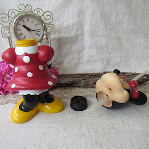 Puede incluir: Una botella de agua con tem&aacute;tica de Minnie Mouse con un vestido rojo con lunares blancos, piernas negras y zapatos amarillos. La botella no tiene cabeza y tiene una tapa negra. Tambi&eacute;n hay una cabeza de Mickey Mouse con una pajita.