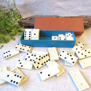 Vintage Domino Set in Box – Cream White Tiles, Retro Table Game