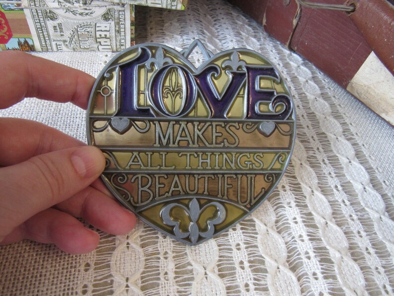 Fantastic stained glass decor with title LOVE makes all things beautiful heart shaped decor for window gift for young couple gift for lovers