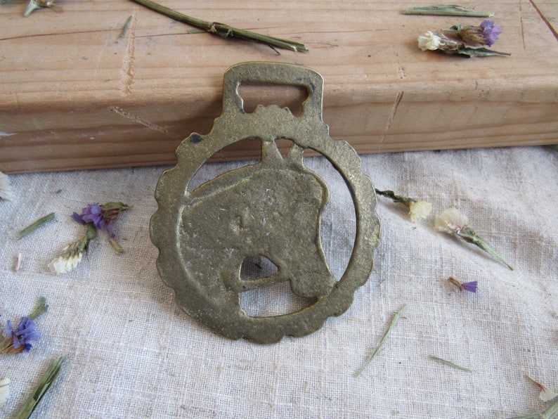 Vintage Horse brass medallion HORSE HEAD brass English martingale head cart horse Goth steampunk Horse Harness Brass from England wall decor