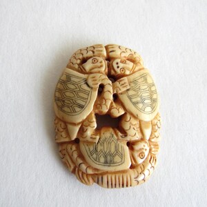 Hand Carved 3 Turtle Bone Pendant, Vintage Netsuke Style Carving