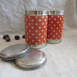 Orange metal tins, polka dot containers, set of 2, retro kitchen tin