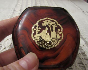 Powder vintage 1970s Powder Compact made in Poland Warsaw Mahogany Color powder case with gold drawing vintage mirror and powder unused