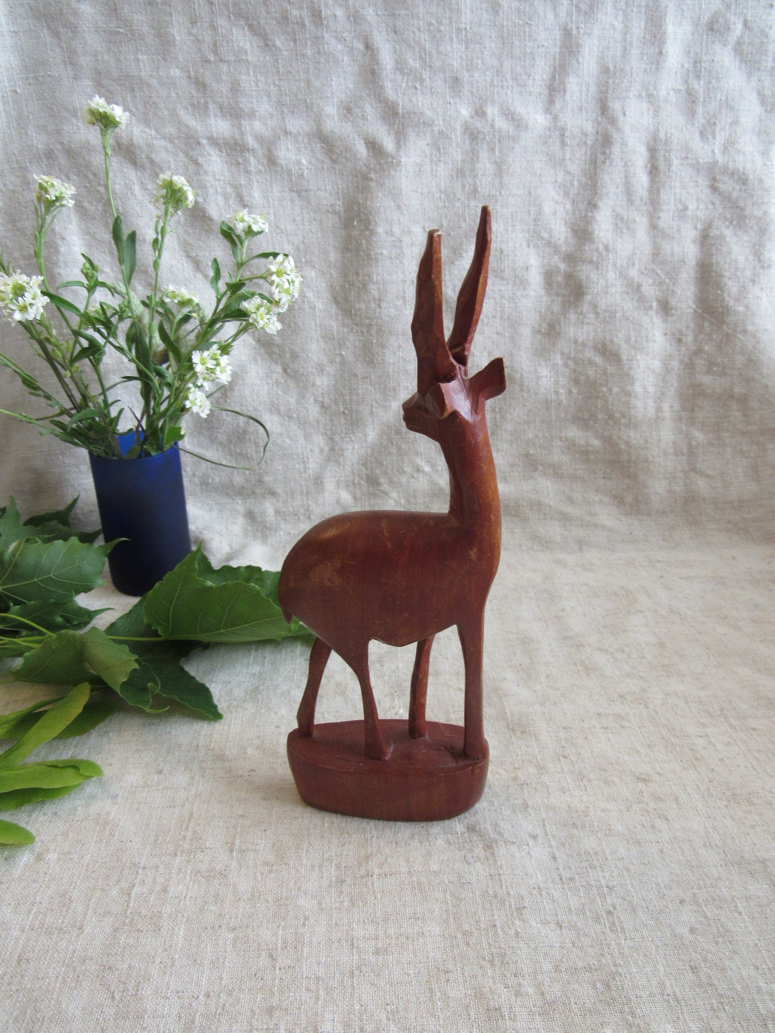 Art & Collectibles Carved wooden DEER Figurine Solid HandCarved DARK