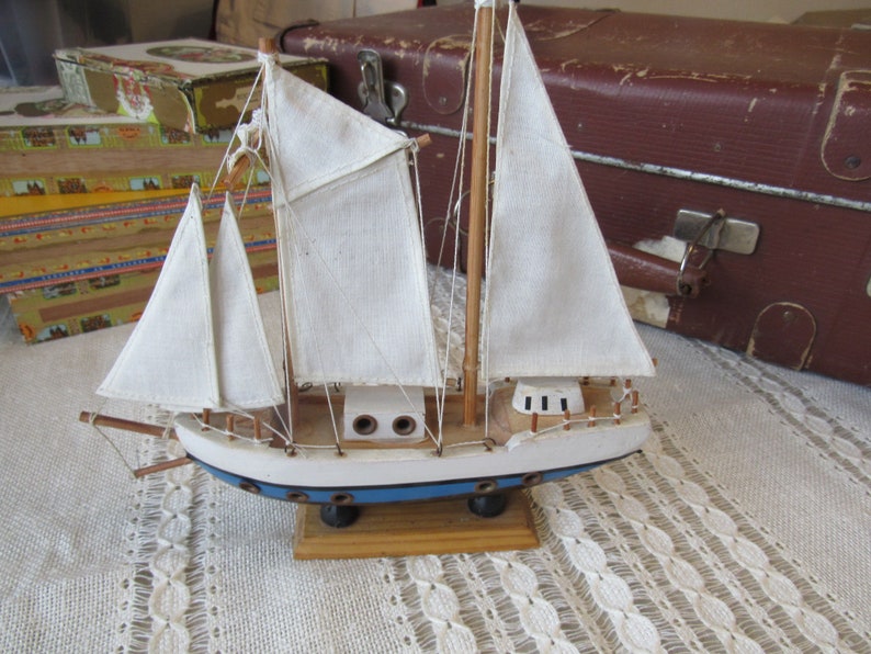 Vintage wooden yacht model home decor blue white wooden sailing boat retro decor wood Wood Boat beach decor three mast yacht gift for sailor