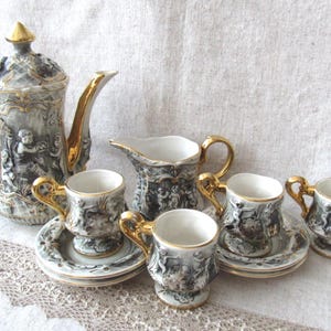Pereiras Valado Porcelain, Coffee Tea Set, hand painted Portugal Cherubs, cherubs