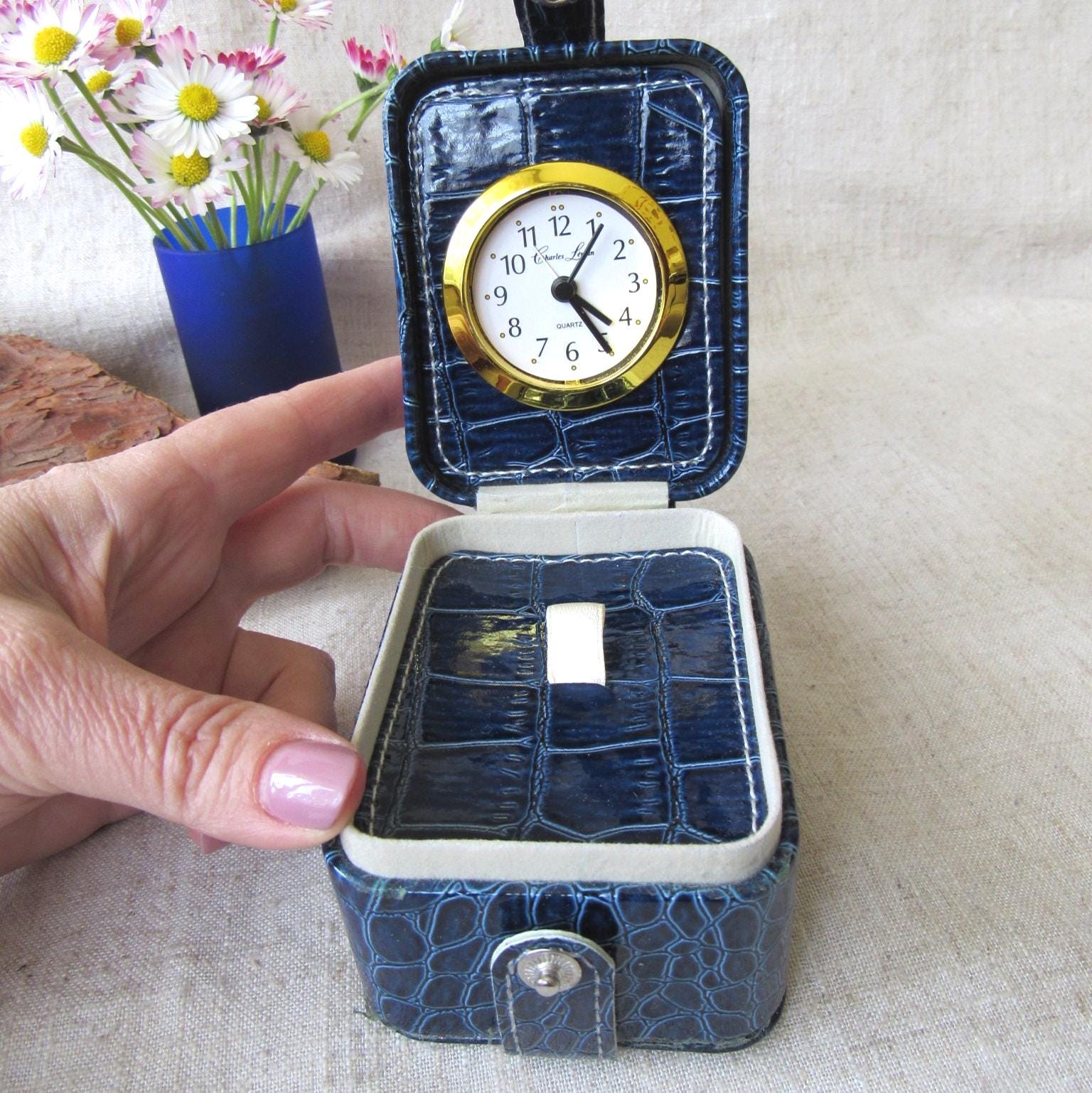 快適グッズ・旅行小物 HERVE HOUPLAIN Travel Clock Vintage Charles Leman Clock, Travel Alarm Clock in Blue Croc