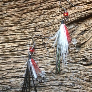 Fly fishing earrings: red,black, and white fly earrings Georgia jewelry