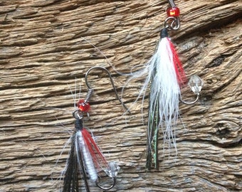 Fly fishing earrings: red,black, and white fly earrings Georgia jewelry