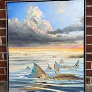 Redfish tailing, redfish painting, red drum painting, redfish art, fish painting, fly fishing for reds, fly fishing painting, fish art, fish