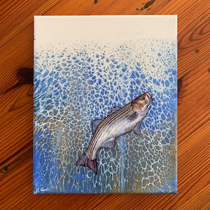 Striped bass painting, striped bass art, rockfish painting, rockfish art, acrylic pour, fish painting, striper painting, striper art, fish