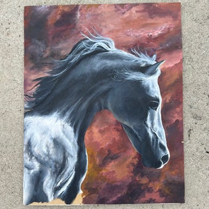 Horse painting, black horse painting, horse memorial painting, wild stallion painting, black stallion, running horse art, desert painting