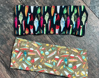 fishing lure headband, fishing headband, lures headband, bass fishing headband, freshwater fishing, fish headband, lures and bobbers, crank