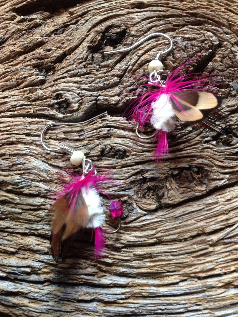 Pink and white fly fishing earrings fly fishing fly earrings Etsy