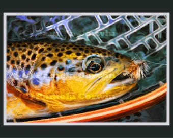 Brown trout in wooden net print: fly fishing art, brown trout decor, fly fishing trout painting print, fish decor, fly fishing decor, trout