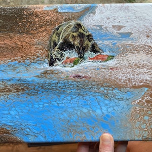Salmon painting, brown bear, fly fishing painting, Alaska salmon, sockeye salmon, salmon run, salmon art, grizzly bear, bear with salmon,