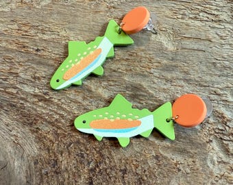 rainbow trout earrings, trout earrings, fish earrings, acrylic trout earrings, sardine summer, fly fishing earrings, trout jewelry, rainbow