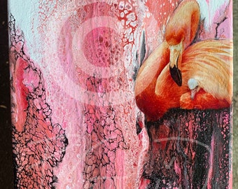 Pink flamingo painting, flamingo chick, flamingo art, flamingo mom and baby, acrylic pour, fluid art, tropical flamingo, pink bird, flamingo