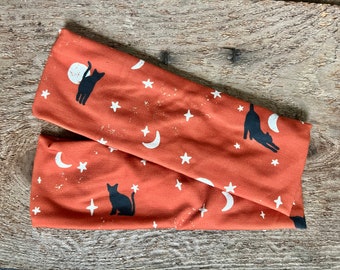 Moon and cat headband, black cat headband, cat headband, Halloween headband, autumn headband, harvest moon, orange headband, vet tech cat