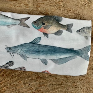 May include: White headband with a colorful fish print. The fish are illustrated in a realistic style and include a catfish, a bass, and a perch.
