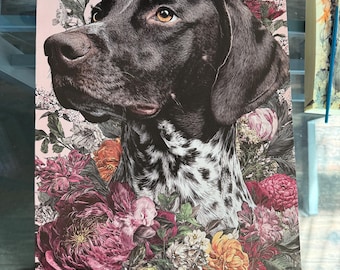 GSP art, GSP painting, German shorthair pointer art, German shorthair pointer canvas, GSP and flowers, hunting dog art, pointer portrait