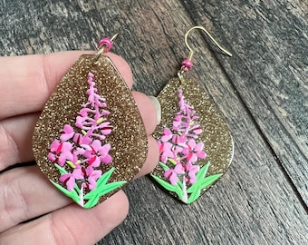 fireweed earrings, fireweed jewelry, Alaska earrings, pink flower earrings, fireweed, flower earrings, pink floral earrings, renew earrings