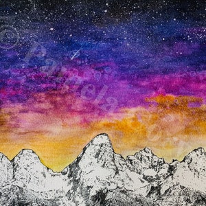 Grand Tetons Malerei, Teton Aquarell, Tetons Nachthimmel, Berggalaxie Malerei, Galaxie Aquarell, Aquarell des Nachthimmels, sternenklare Nacht