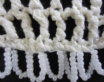 WHITE BEADED SCALLOPED Edge Scarf Soft Bamboo Yarn with Narrow Nylon Ribbon Openwork Crochet White on White Bridal Prom Opera Evening