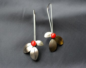 Stainless steel leaves earrings with a red drop