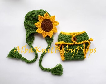 Baby Girl Shower Outfit -Newborn Baby Sunflower Set - Knit Baby Girl Outfit - Newborn Photo Prop-Hello World Newborn Outfit