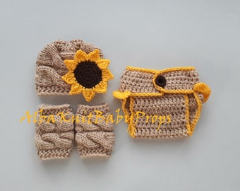 Baby Girl SunFlower Outfit_Newborn Girl Hat Diaper Cover Leg Warmers_Newborn Baby Girl_Newborn Photo Prop Set _Baby Girl Sunflower Costume