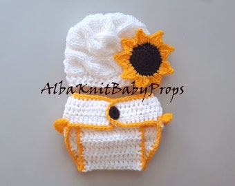 Newborn Girl Outfit_Newborn Baby Sunflower Outfit_Knit Baby Girl Sunflower Hat and Diaper Cover_Newborn Photo Prop_SunFlower Baby Girl Set