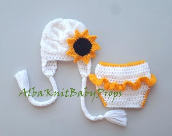 Sunflower Hat and Diaper Cover_Baby Girl Sunflower Outfit_Baby Sunflower Set_Newborn Photo Prop-Hello World Newborn Outfit