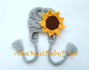 Baby Girl Hat Sunflower Knit Hat Newborn Girl Photo Prop Newborn Hat on string Toddler Hat with  flower Baby shower earflap Hat Sunflower