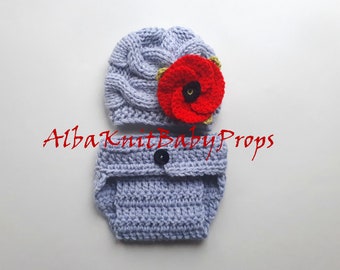 Poppy Flower Baby Hat and Diaper Cover_Newborn Baby Girl Spring Outfit_Photo Prop Set_Knit Baby Poppy Beanie and Diaper Cover