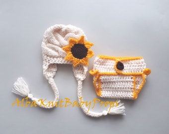 Newborn Girl Spring Outfit_Newborn Baby Sunflower Outfit_Knit Baby Girl Sunflower Hat and Diaper Cover_Newborn Photo Prop