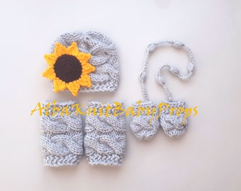 Sunflower Baby Girl Beanie Set_Baby Girl Winter Beanie Leg Warmers Mittens_Baby Girl Sunflower Outfit_Knit Baby Hat Mittens Leg Warmers