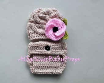 Baby Coming Home Outfit_Poppy Flower Baby Hat Diaper Cover_Newborn Girl Spring Outfit_Photo Prop Set_Knit Baby Poppy Beanie Diaper Cover