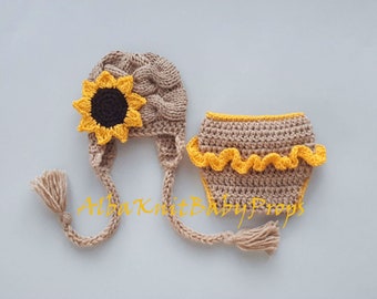 Sunflower Hat and Diaper Cover_Baby Girl Sunflower Outfit_Baby Sunflower Set_Newborn Photo Prop-Hello World Newborn Outfit