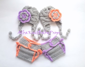 Baby Girls Twins Outfits_Hats and Diaper Covers for Twins_Newborn Twins Photo Prop_Reborn Baby Twins Winter Outfits_Knit Baby Winter Hata