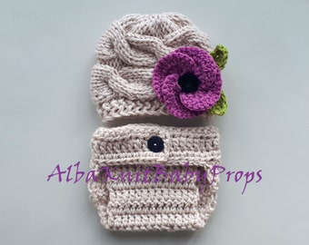 Baby Coming Home Outfit_Poppy Flower Baby Hat Diaper Cover_Newborn Girl Spring Outfit_Photo Prop Set_Knit Baby Poppy Beanie Diaper Cover