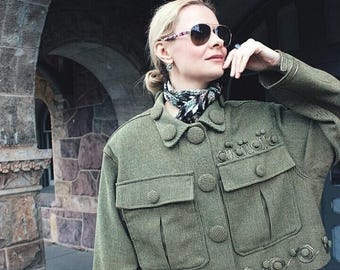 A set of wool vintage jacket with long pants and leather clutch